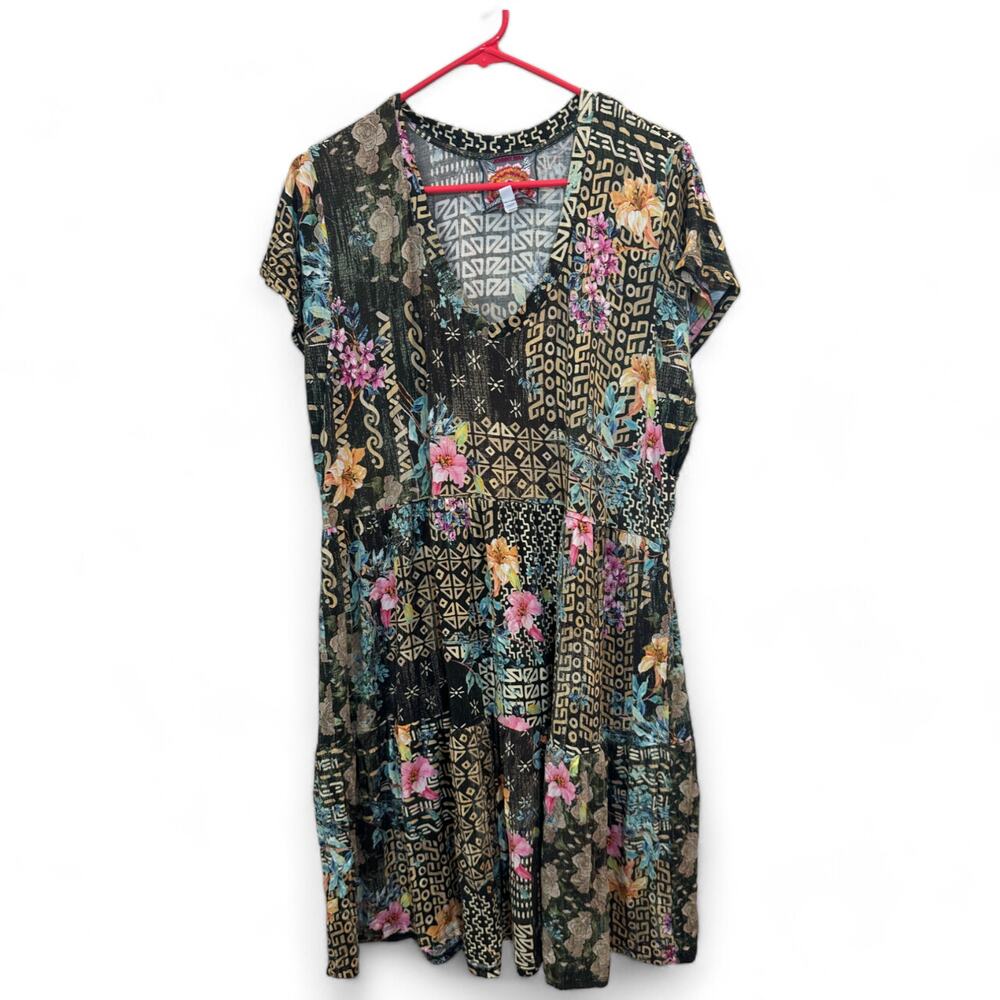 Johnny Was Weller Tiered Hem Dress Patterned Short Sleeve XL